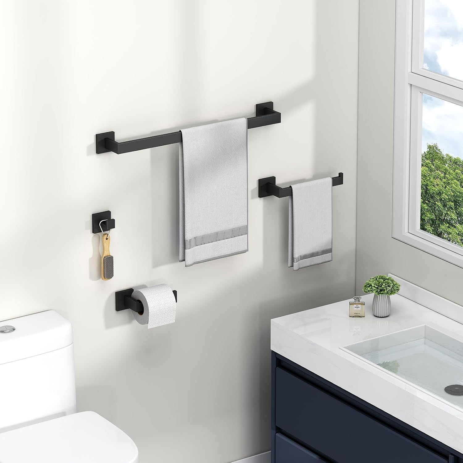 Bathroom Hardware Set Matte Black, Bath Accessory Kit 4-Piece | Stainless Steel Bathroom Fixture Set, Includes Robe