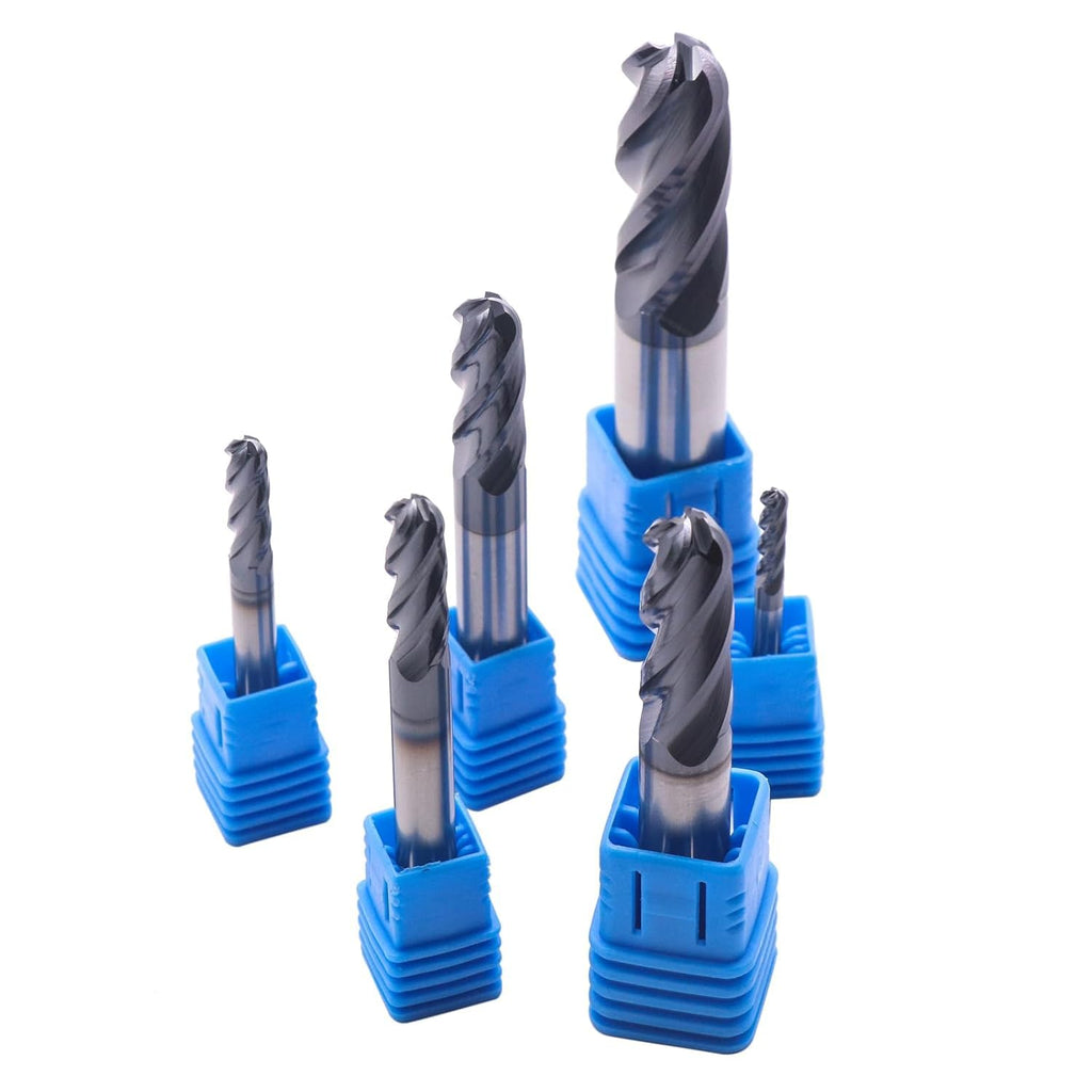 6Pcs 1/8"-1/2" 4 Flute Solid Carbide Ball Nose End Mills Set - AlTiN Coated