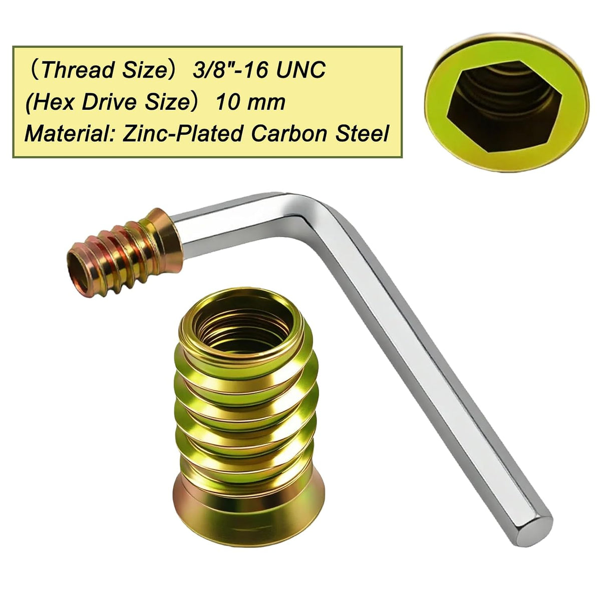 3/8"-16 Wood Threaded Inserts, 50Pcs Hex Drive Zinc-Plated Screw-in Nuts