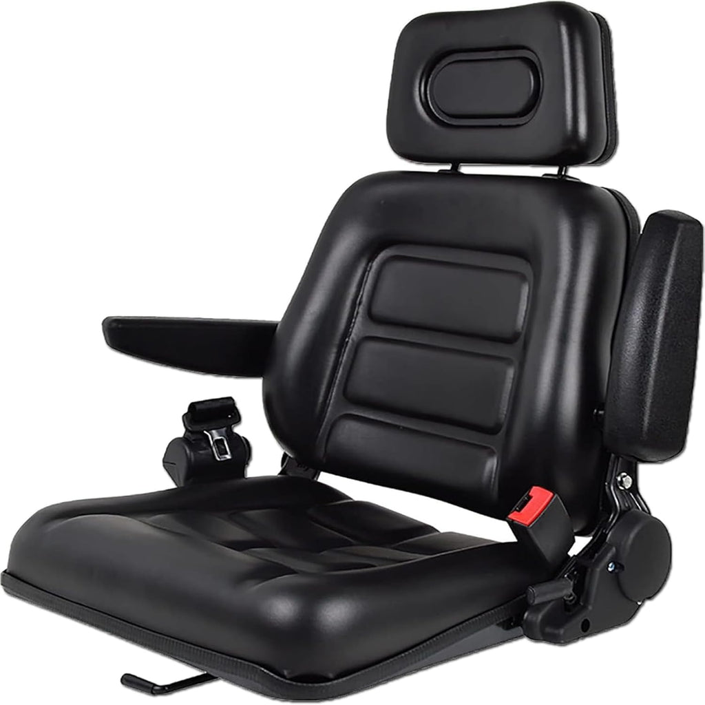 Universal Lawn Mower Seat, Tractor Seat Fold Down with Armrest Headrest Seatbelt, Adjustable Backrest and Slide Rail