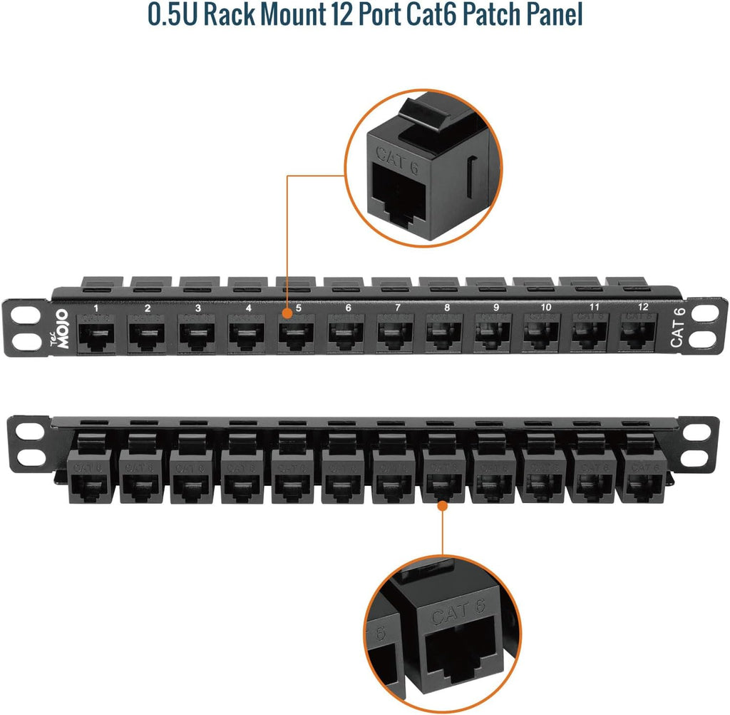 Tecmojo 12-Port Cat6 Patch Panel, 0.5U Rack Mount Modular Panel with Keystone Coupler, for 10" Server Rack & Network Cabinet, Gigabit Ethernet, Black