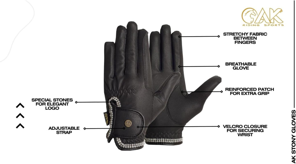 AK Horse Riding Gloves for Women & Men – Competition Equestrian Gloves with Crystal Diamante Design – Comfortable