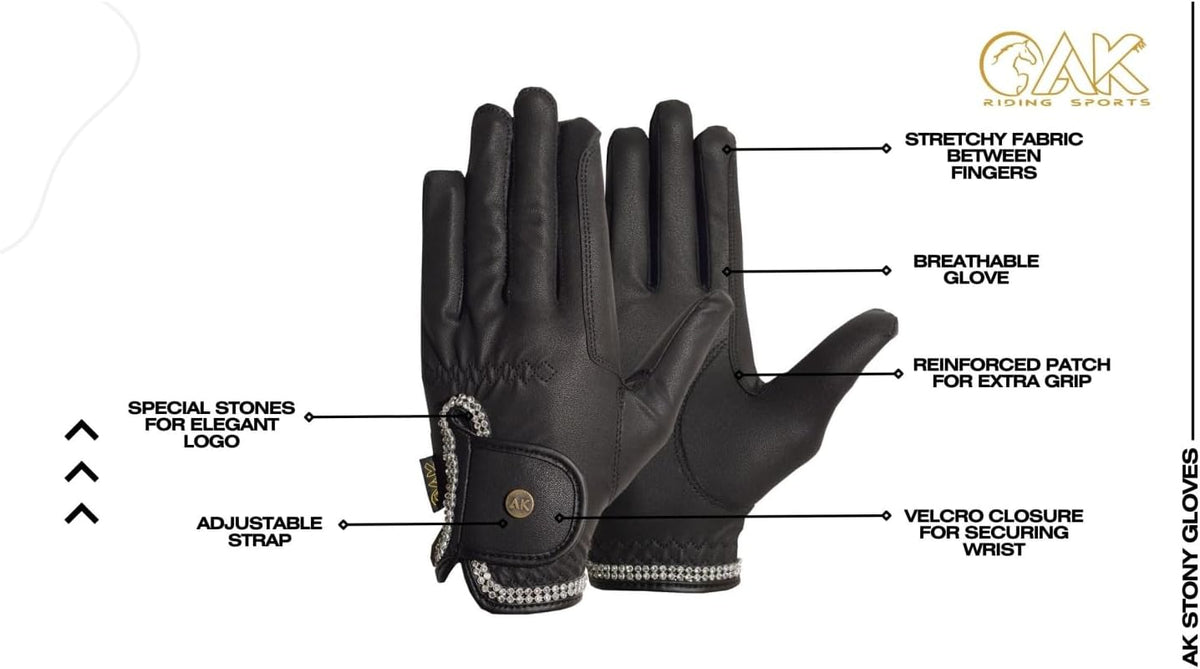 AK Horse Riding Gloves for Women & Men – Competition Equestrian Gloves with Crystal Diamante Design – Comfortable