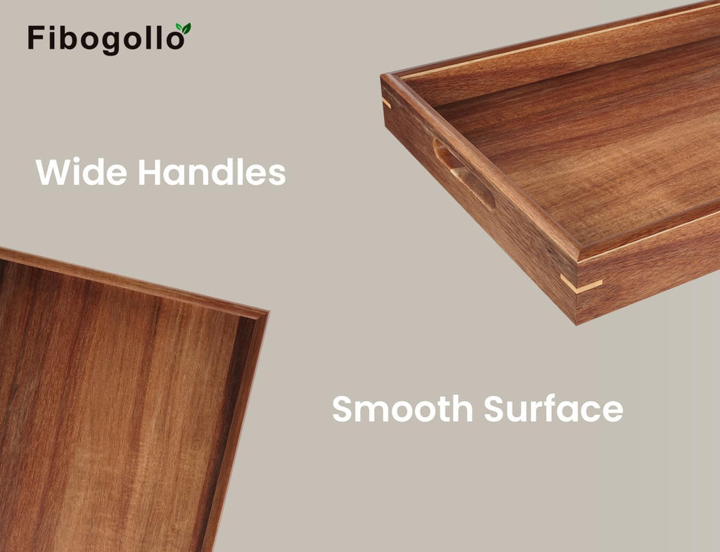 Set of 2 Acacia Wood Serving Tray with Handles
