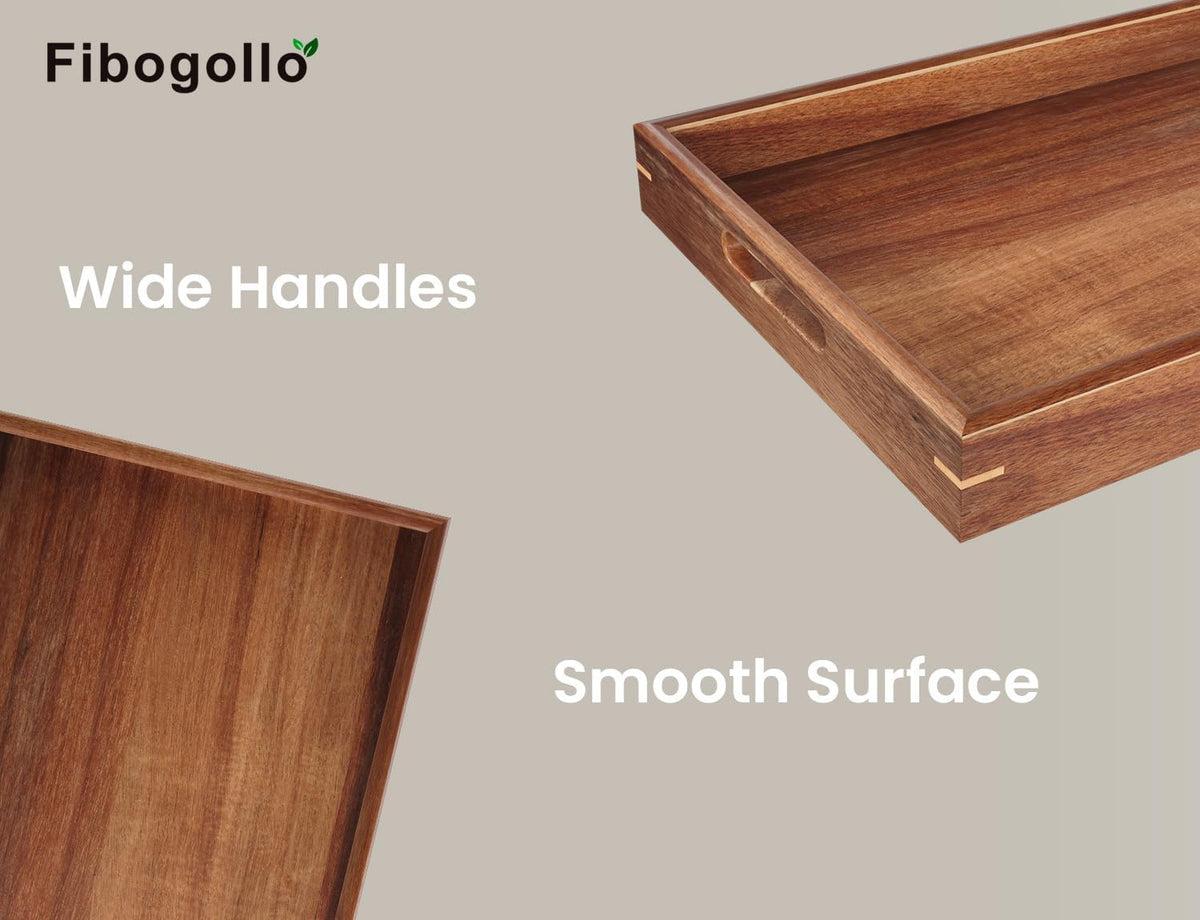 Set of 2 Acacia Wood Serving Tray with Handles