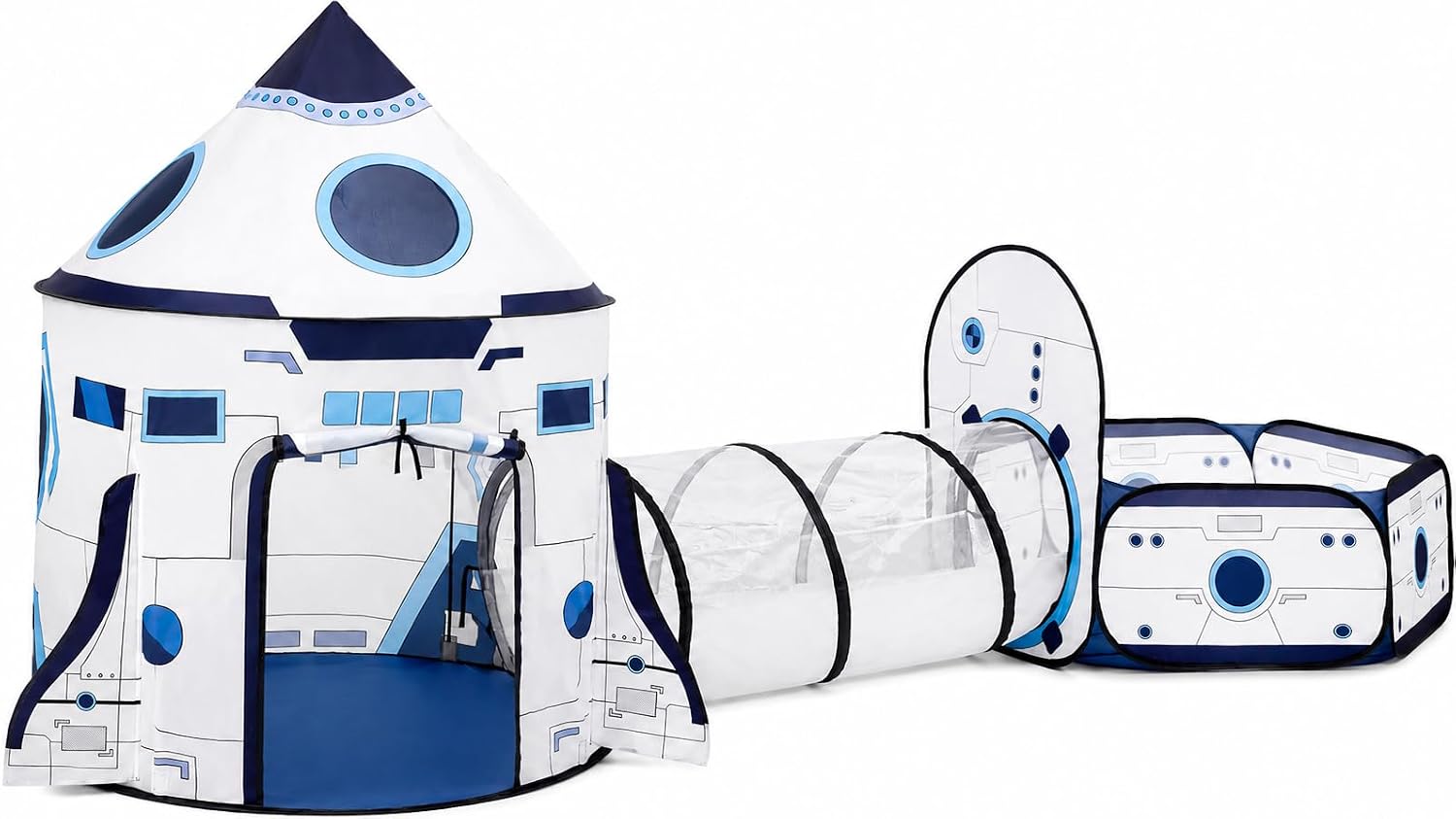 Kids Play Tent with Tunnel & Ball Pit, 3-Piece Pop Up Rocket Ship Tent Set, Indoor Outdoor Playhouse for Boys &