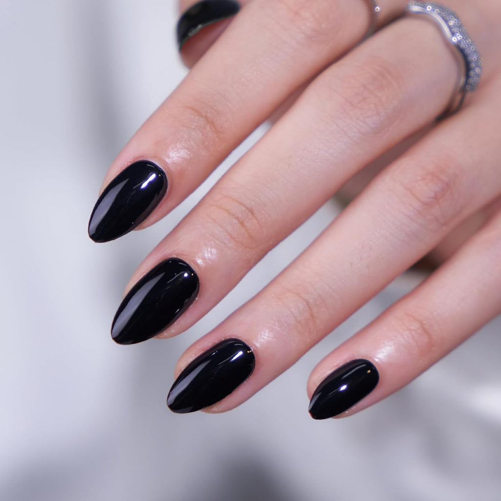 Press on Nails, Short Almond Black Fake Nails, 32Pcs Full Kit
