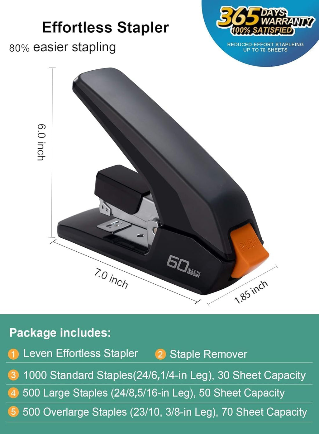 Effortless Heavy Duty Stapler, One Touch Stapling, Easy to Load Ergonomic Stapler, 60 Sheet Capacity, Includes 2000