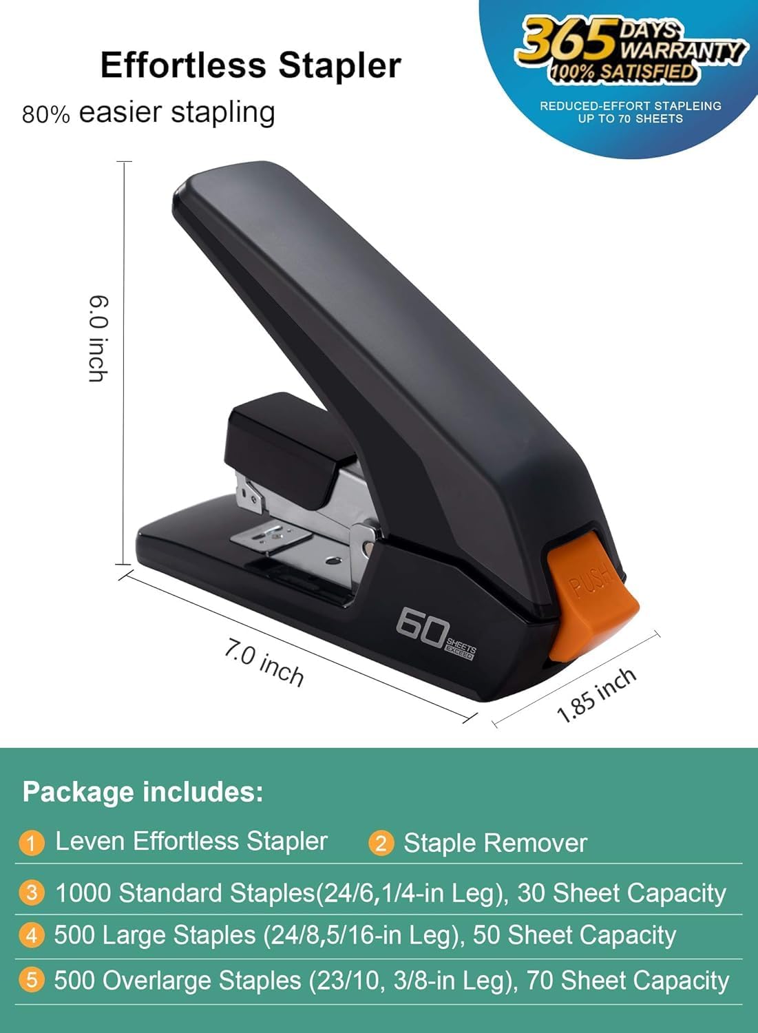 Effortless Heavy Duty Stapler, One Touch Stapling, Easy to Load Ergonomic Stapler, 60 Sheet Capacity, Includes 2000