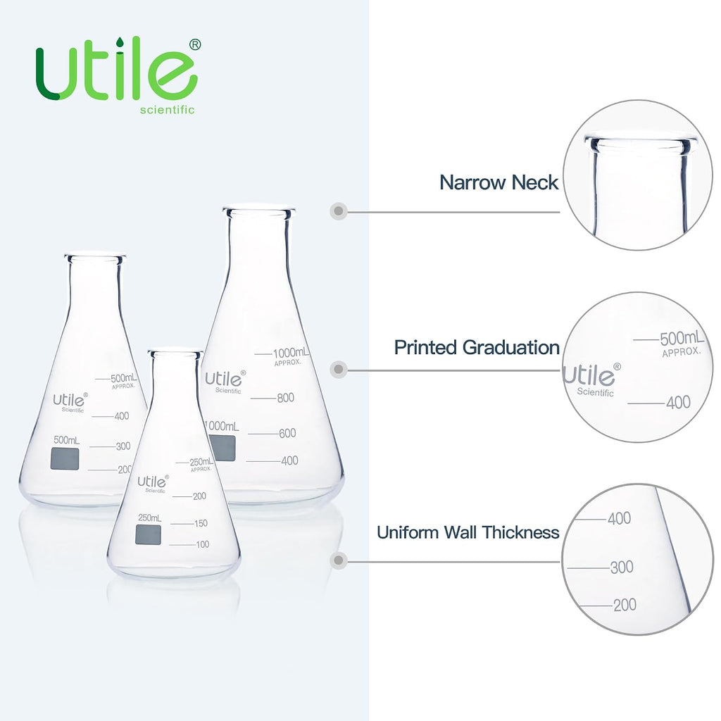 3pcs of Glass Erlenmeyer Flask Set, 250ml 500ml 1000ml Narrow Mouth Erlenmeyer Flasks, Borosilicate 3.3 Glass Conical