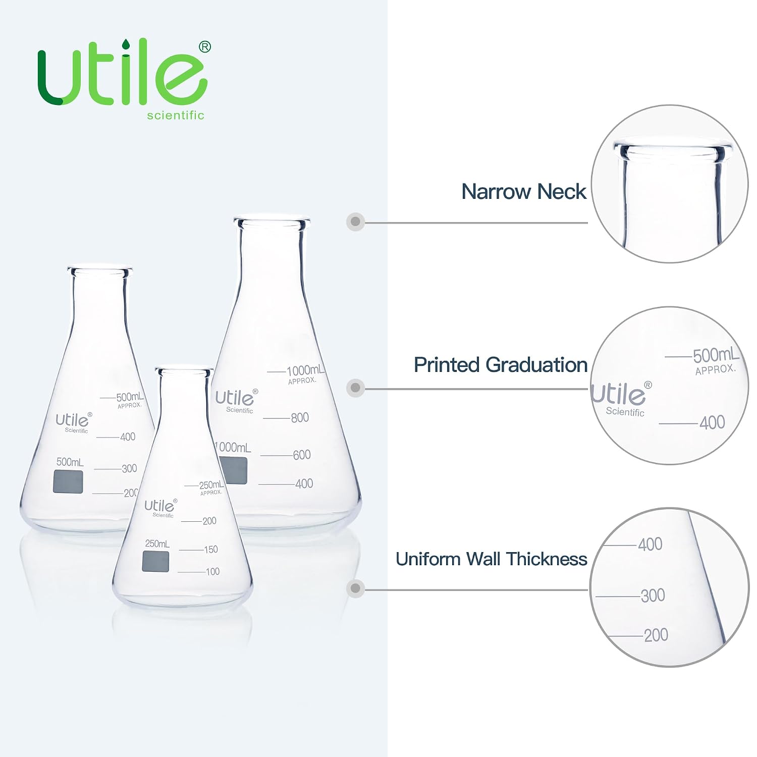 3pcs of Glass Erlenmeyer Flask Set, 250ml 500ml 1000ml Narrow Mouth Erlenmeyer Flasks, Borosilicate 3.3 Glass Conical