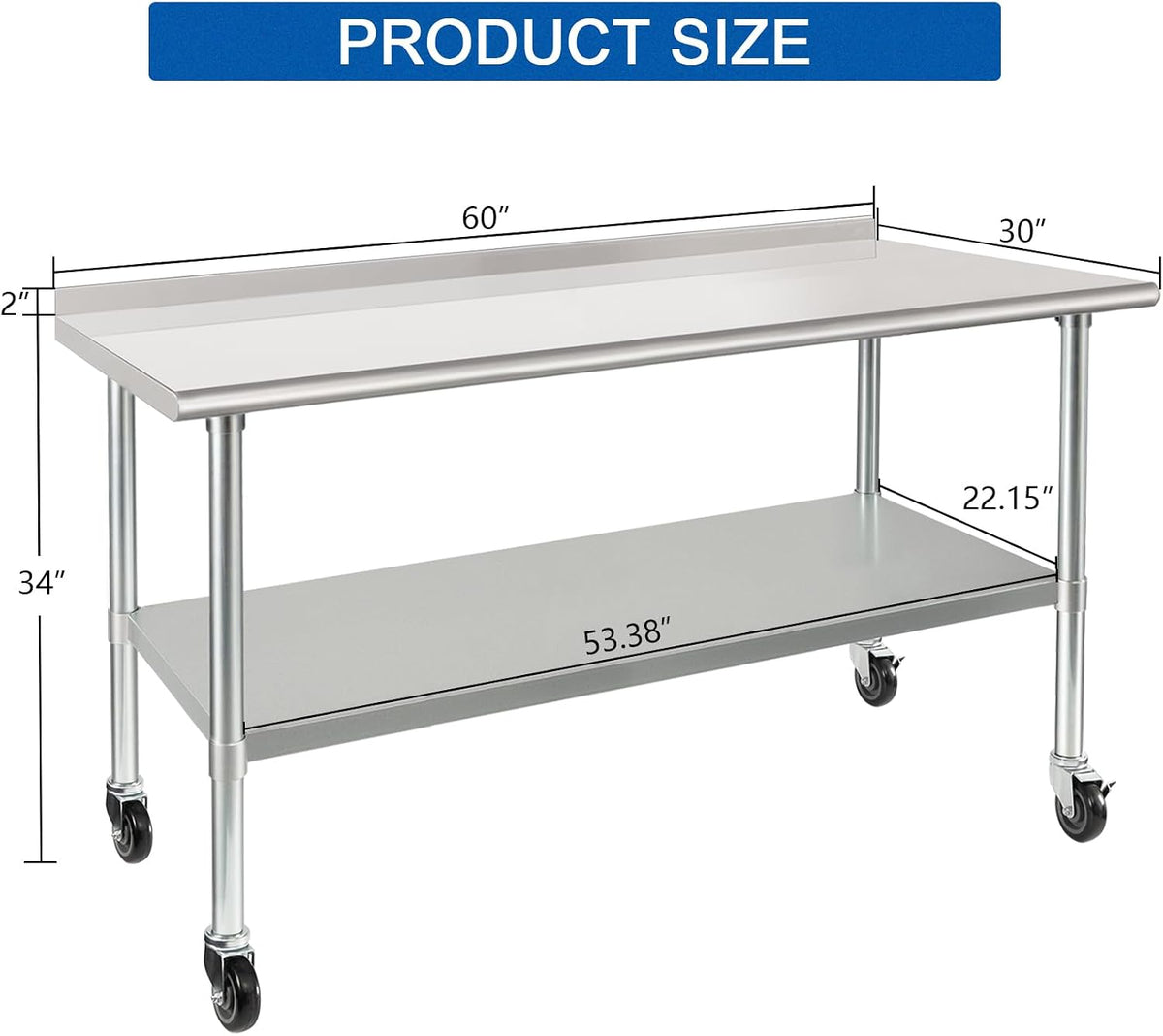 HARDURA Stainless Steel Table with Wheels 30X60 Inches, 2" Backsplash