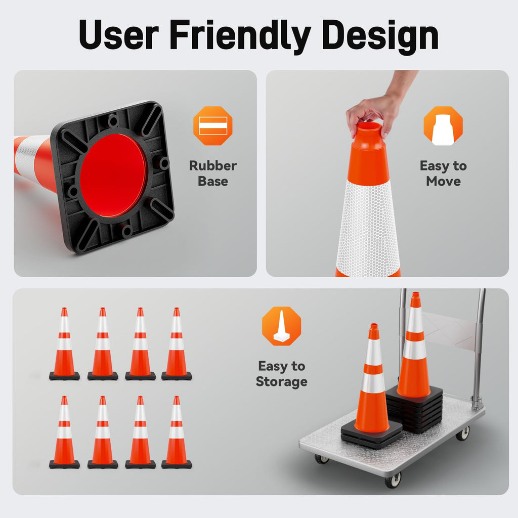 6 Pack 28" Traffic Cones with Weighted Base, Orange | Reflective Strip Aids Visibility; Stackable Storage; PVC