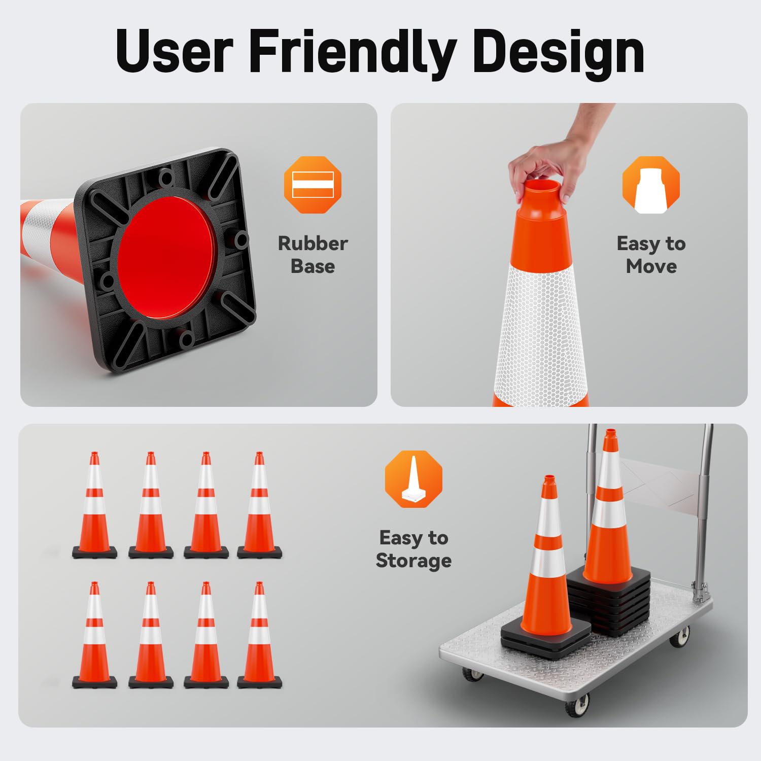 6 Pack 28" Traffic Cones with Weighted Base, Orange | Reflective Strip Aids Visibility; Stackable Storage; PVC