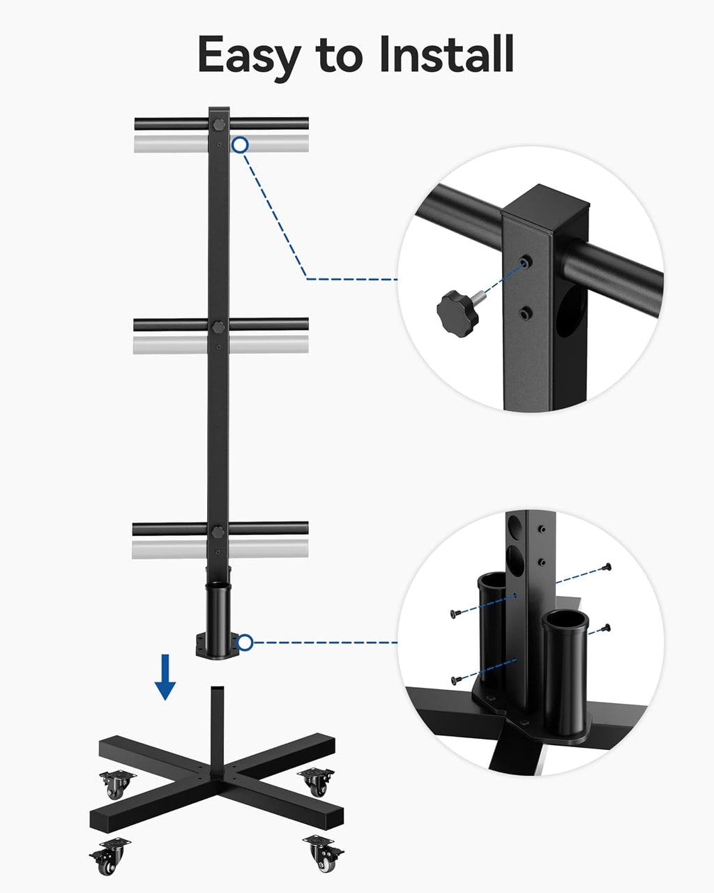 Movable Olympic Weight Plate Tree with 6 Metal Pegs | Fits 1" & 2" Weight Plates, Heavy Duty Storage Rack with