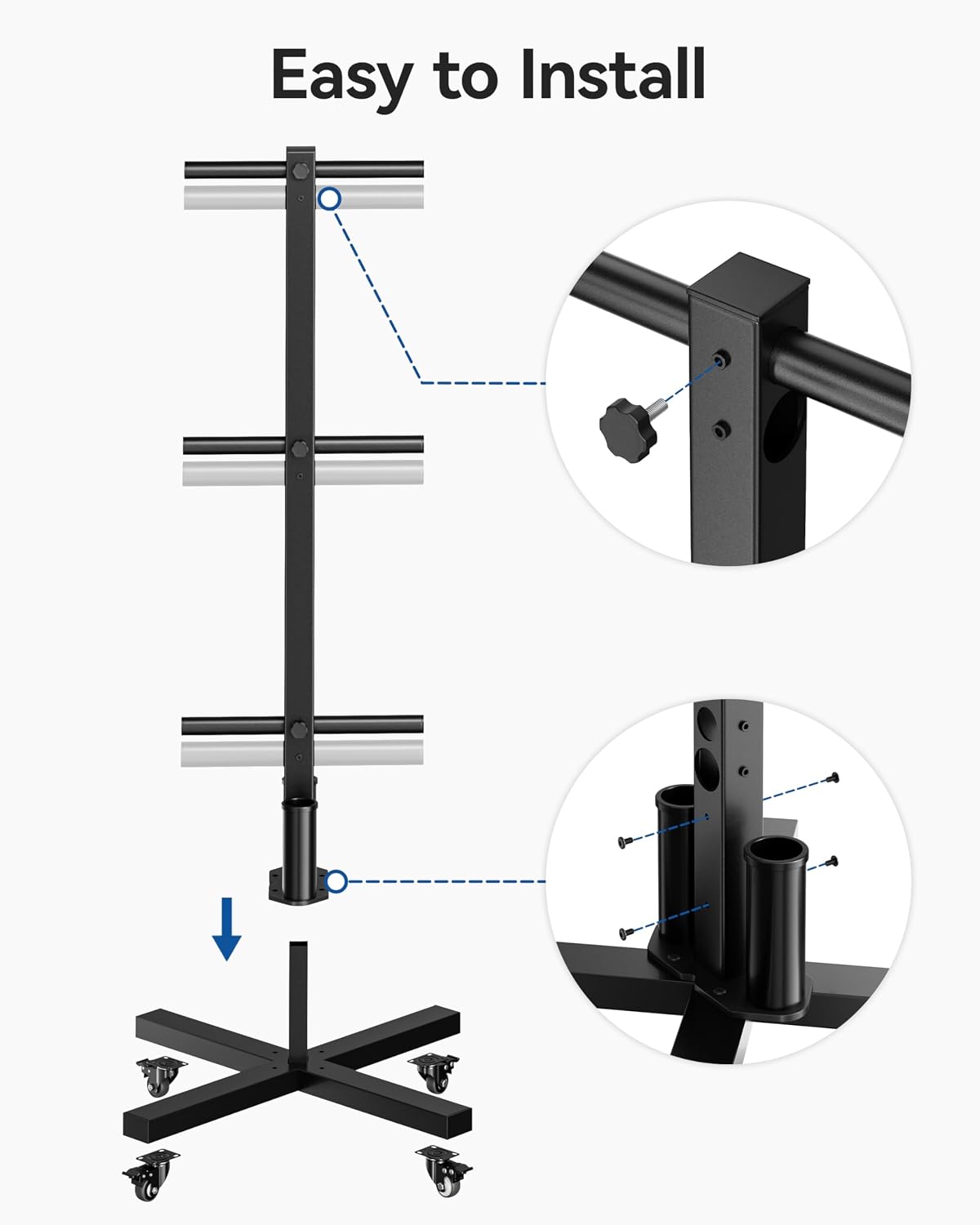 Movable Olympic Weight Plate Tree with 6 Metal Pegs | Fits 1" & 2" Weight Plates, Heavy Duty Storage Rack with