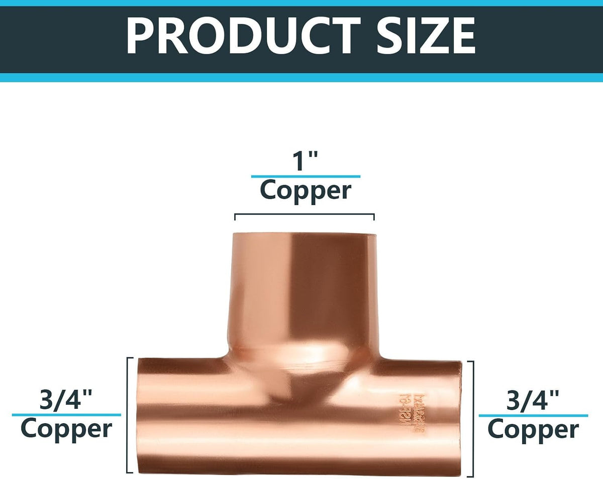 5Pack Seelink 3/4" C x 3/4" C x 1" C Reducing Copper Sweat Tee(COPPER109-5)