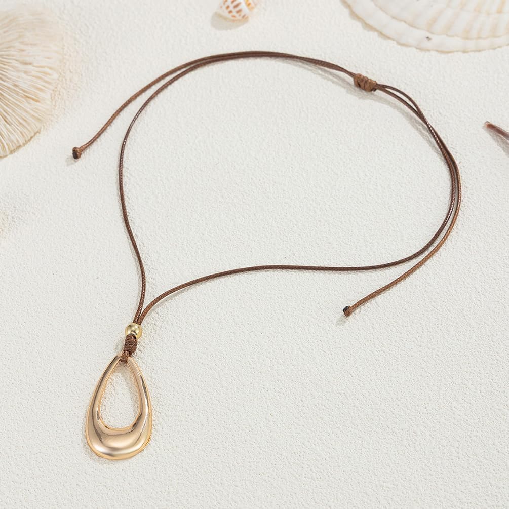 Large Gold Silver Hollow Teardrop Pendant Necklace, Boho Minimalist Brown Rope Waterdrop Necklaces for Women Trendy