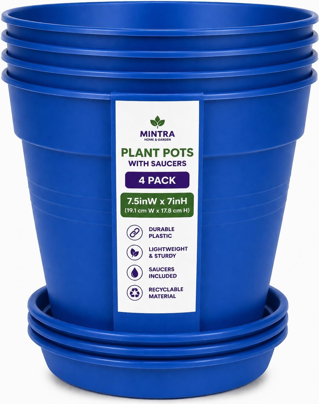 Mintra Garden Pots, 4 Pack Bulk Plastic Plant Pots with Drainage Tray, Round Indoor & Outdoor Decorative Planters