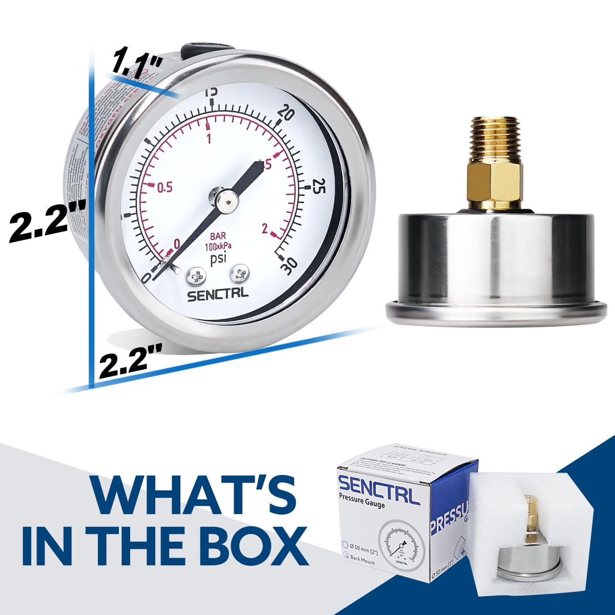 SENCTRL 0-30 Psi Low Pressure Gauge, 1/4" NPT Back Mount