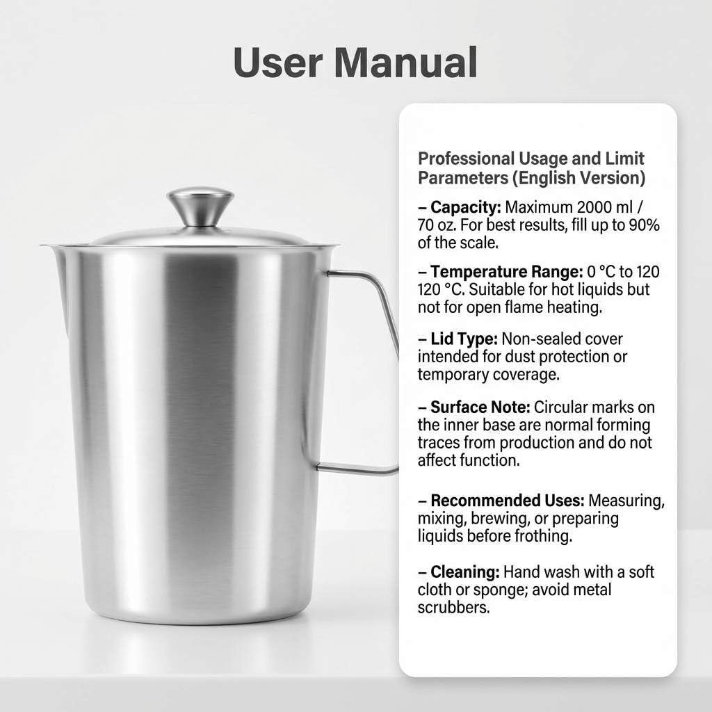 Large 70 oz Stainless Steel Measuring Cup with Removable Lid – Extra Capacity Marked Pitcher for Kitchen, Coffee &