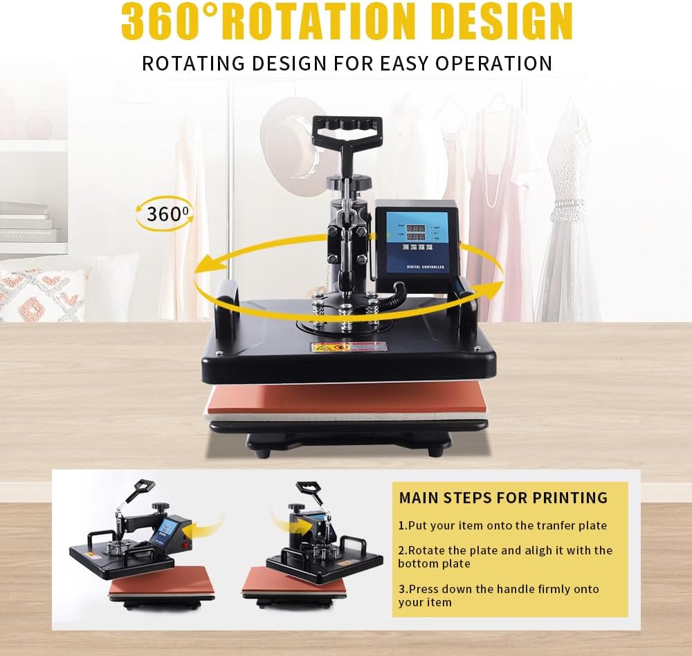 Upgraded 15 in 1 Heat Press Machine for T-Shirts,Hats,Mugs,Pens &More 12x15 Inch Heat Press 360-Degree Rotation Swing