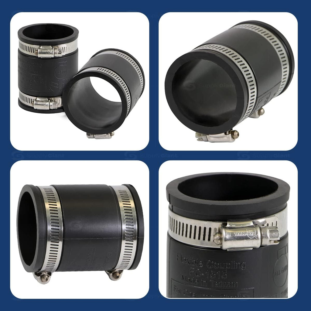 Supply Giant 6I47 Flexible PVC Coupling with Stainless Steel Clamps, 2.4" Inner diameter for 2" Nominal Pipe, Black