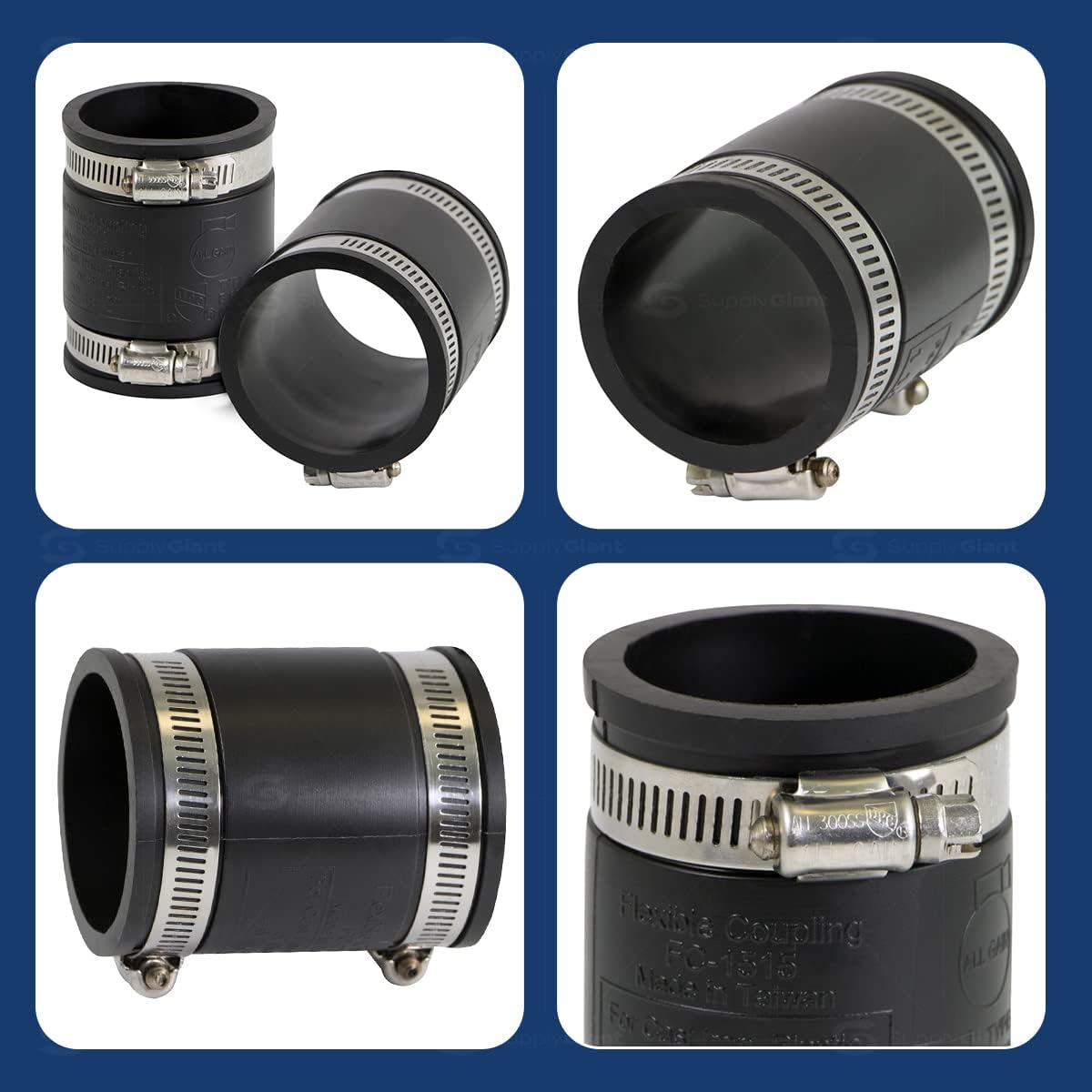 Supply Giant 6I47 Flexible PVC Coupling with Stainless Steel Clamps, 2.4" Inner diameter for 2" Nominal Pipe, Black