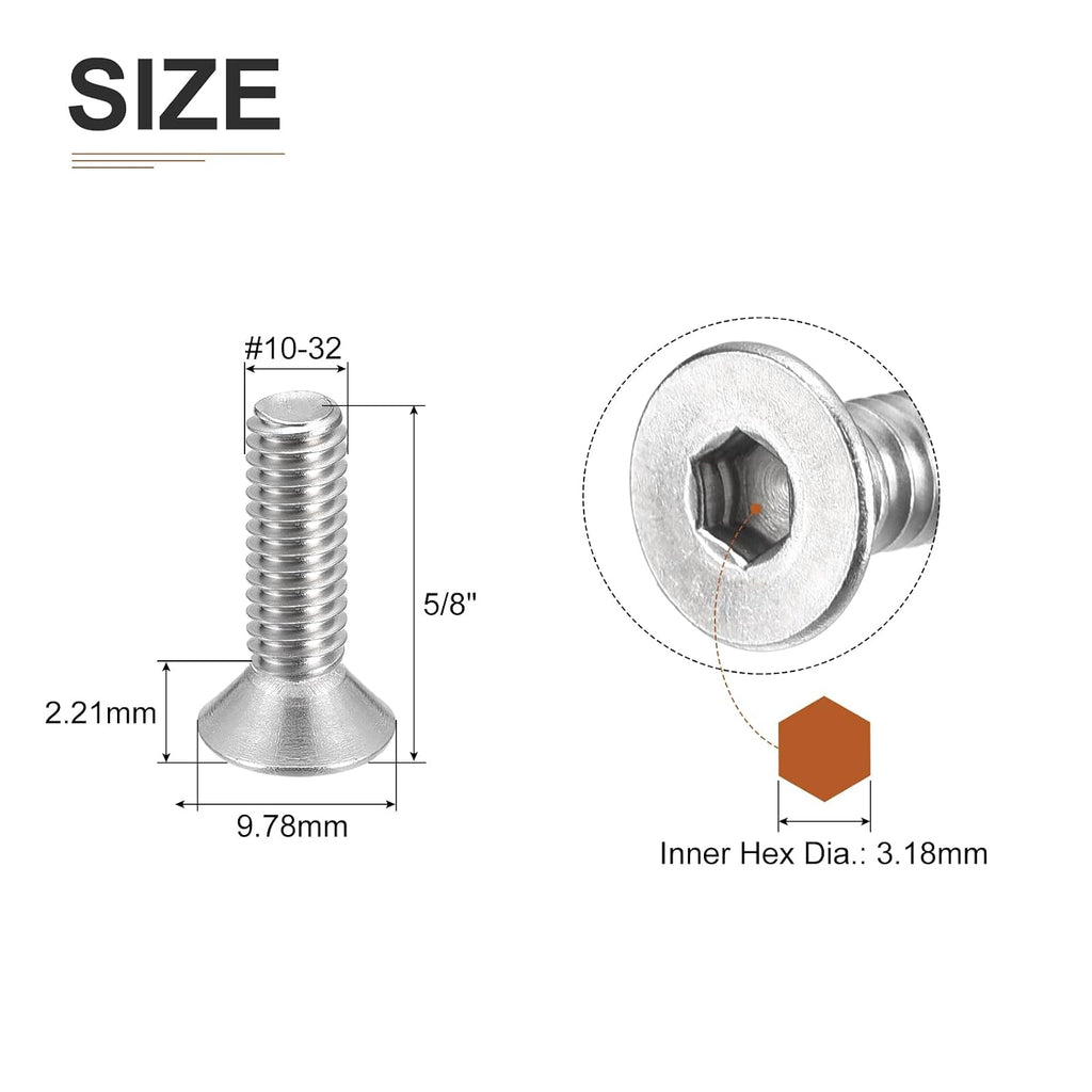 DTGN #10-32x5/8 Flat Head Socket Cap Screws 50Pack 304 SS Full Thread