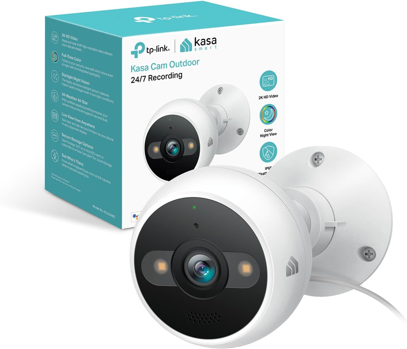Kasa 2K+ Outdoor Wired Security Camera - Person/Motion Detection, 24/7 Recording, 2-Way Audio, Siren, Starlight Color
