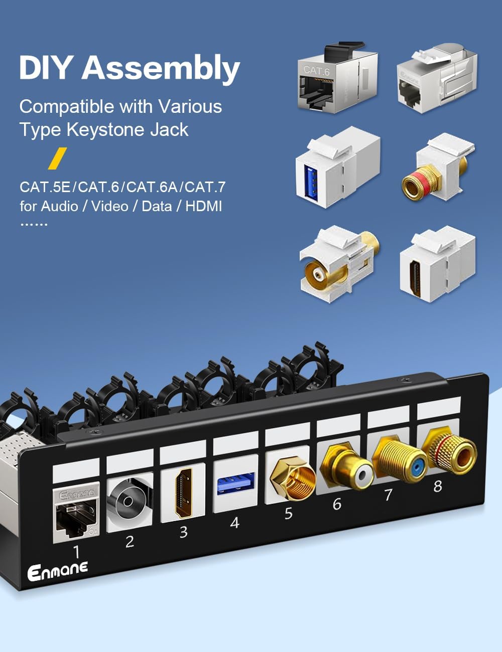 Patch Panel 8 Port Blank Keystone Patch Panel STP&UTP Compatible with LC/SC/ST/FC/USB/HDMI Keystone Jack for Desk Mount Home Ethernet Termination Box
