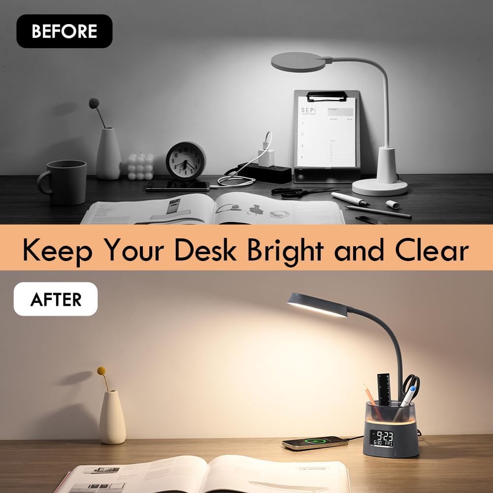 LED Desk Lamp for College Dorm Room Essentials, Students Study Lamp with USB Charging Port, Pen Holder, Clock & RGB