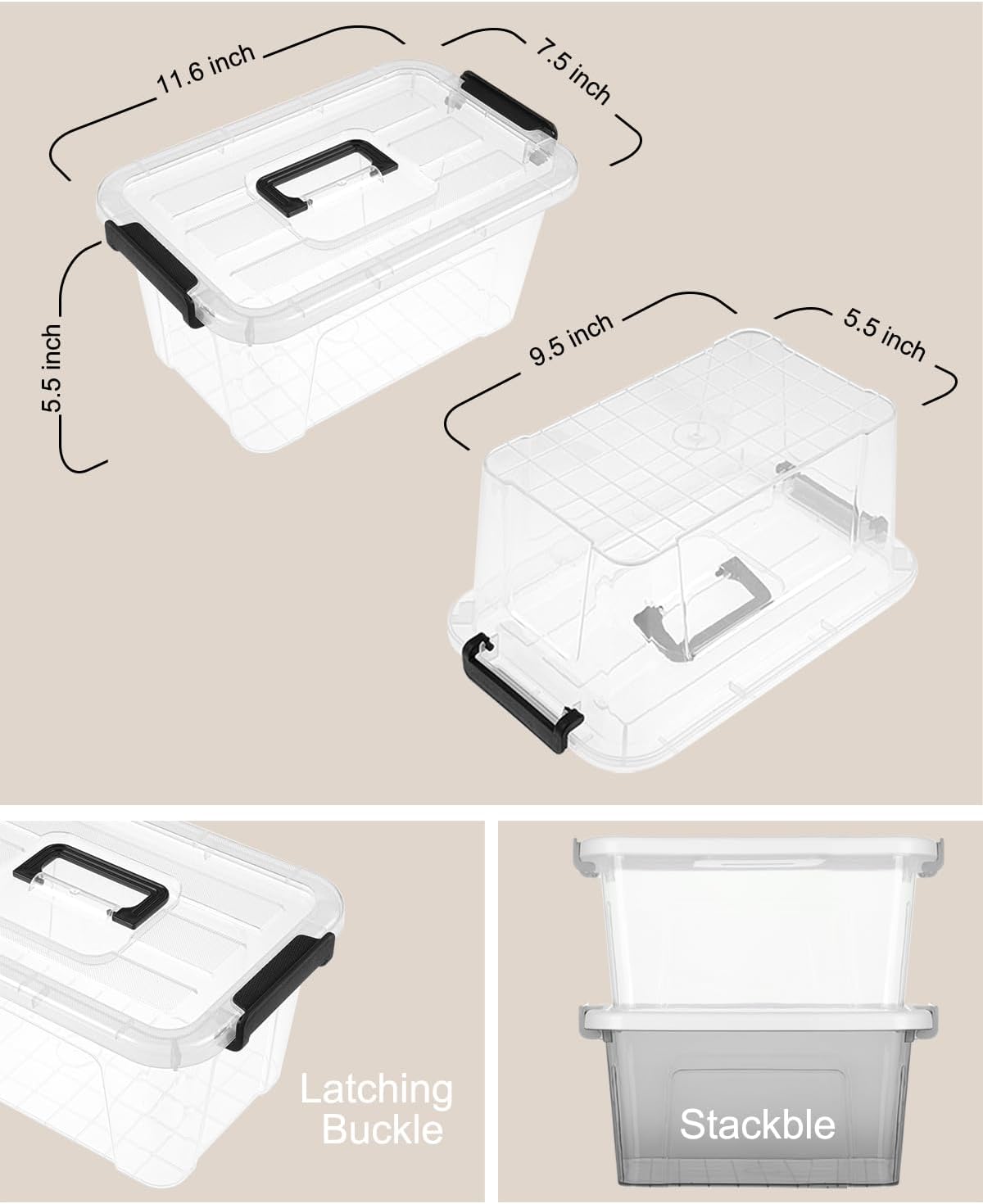 Plastic Storage Bins with Lids 6 Pack Storage Organizer, 7 Quart Stackable Storage Bins with Buckle-Up Latches and