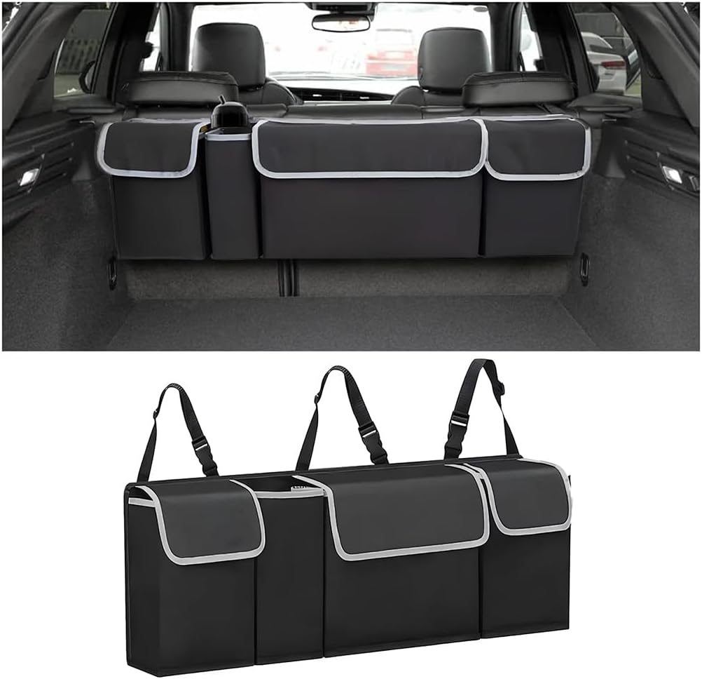Car Trunk Organizer, Backseat Hanging Large Storage with Adjustable Straps, Waterproof Collapsible Cargo Bag with 4