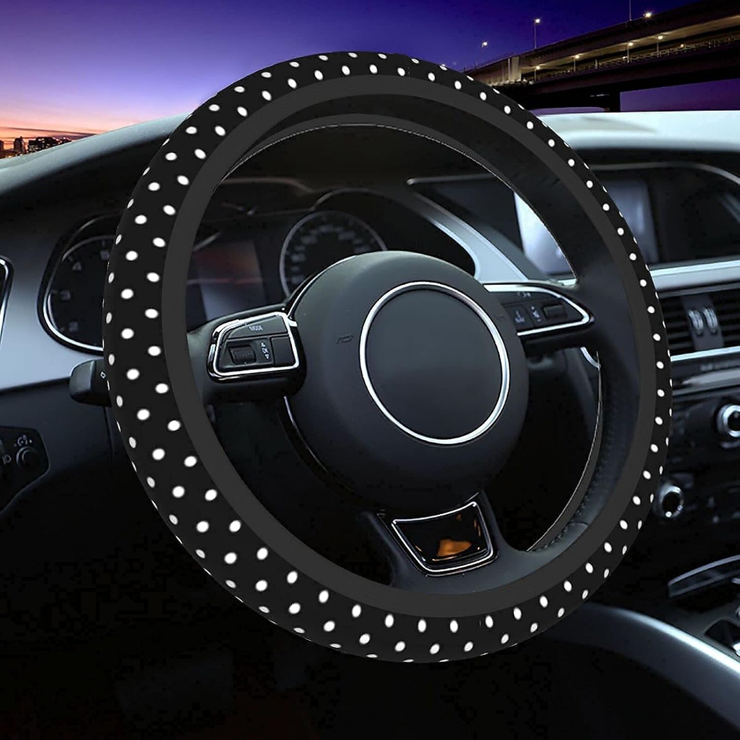 Black and White Polka Dot Steering Wheel Covers Non Slip Neoprene Steering Wheel Protector Universal 15 inch for