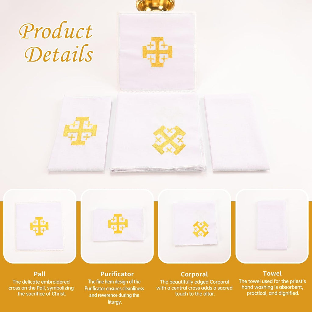 4 Pack Altar Supplies Linen Corporal for Churches Set (Pall,Corporal,Purificator,Towel) White Linen Altar Cloth Gold