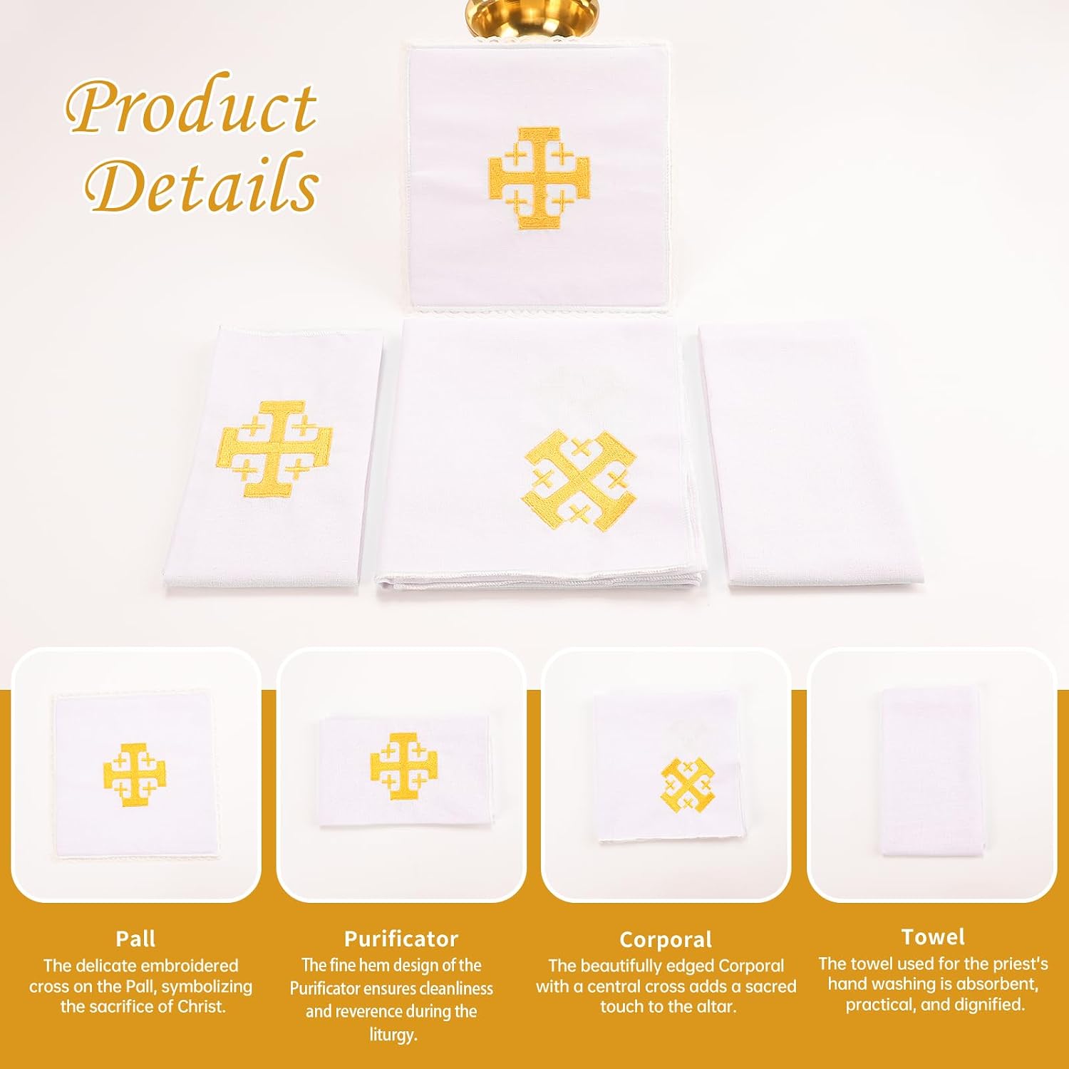 4 Pack Altar Supplies Linen Corporal for Churches Set (Pall,Corporal,Purificator,Towel) White Linen Altar Cloth Gold