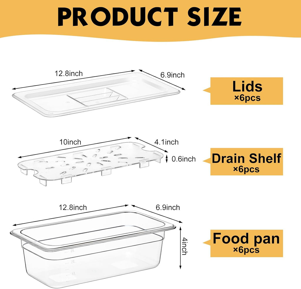 6 Set 1/3 Size Polycarbonate Food Pans with Lids Drain Shelf Clear