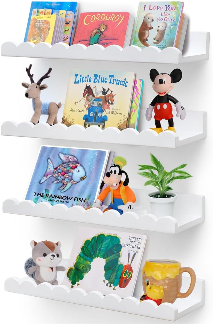 Scalloped Shelves - Set of 4 Pre-Assembled 15.6inch White Floating Nursery Book Shelves, Scalloped Book Shelf for
