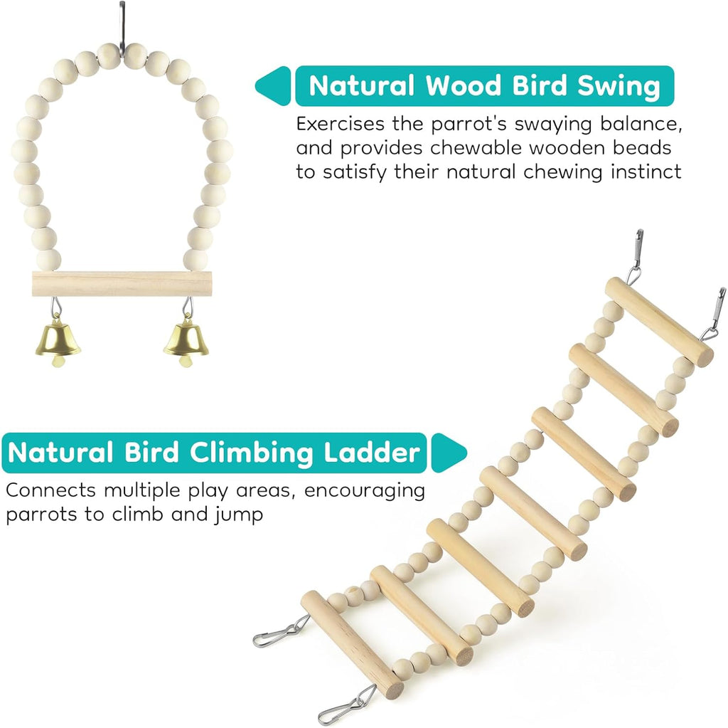 5in1 Bird Toys, Birdie Perches Platform Swing with Stainless Steel Feeding Cup Climbing Ladder, Wooden Play Gym for