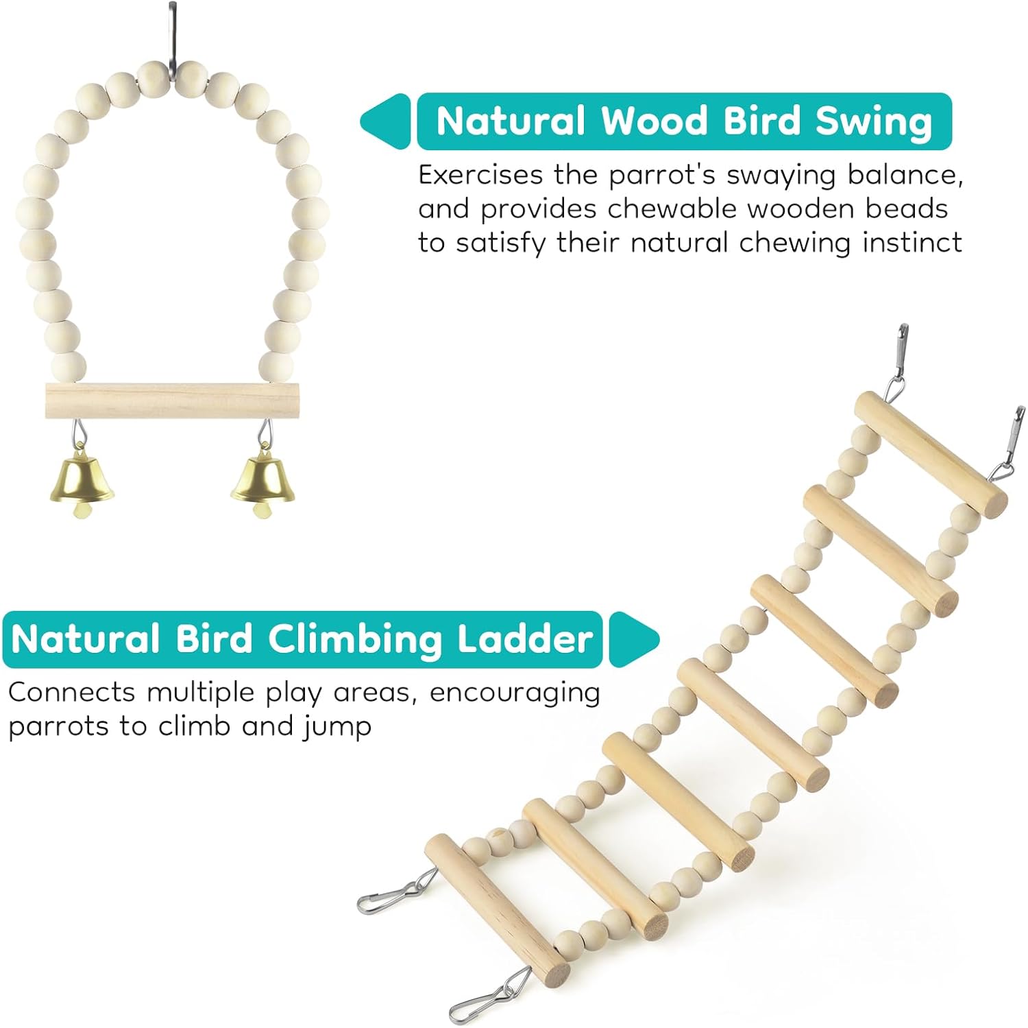 5in1 Bird Toys, Birdie Perches Platform Swing with Stainless Steel Feeding Cup Climbing Ladder, Wooden Play Gym for