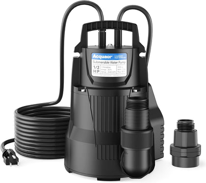 1/2 HP Automatic Sump Pump, 2450 GPH Submersible Water Pump | 3/4" Garden Hose Check Valve Adapter, Thermoplastic