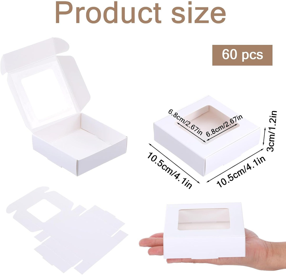 60 Pcs White Cookie Boxes With Window 4.3 x 4.1 x 1.2 Inch Candy Packaging, Small Gift Boxes, Soap holder, Mini Treat