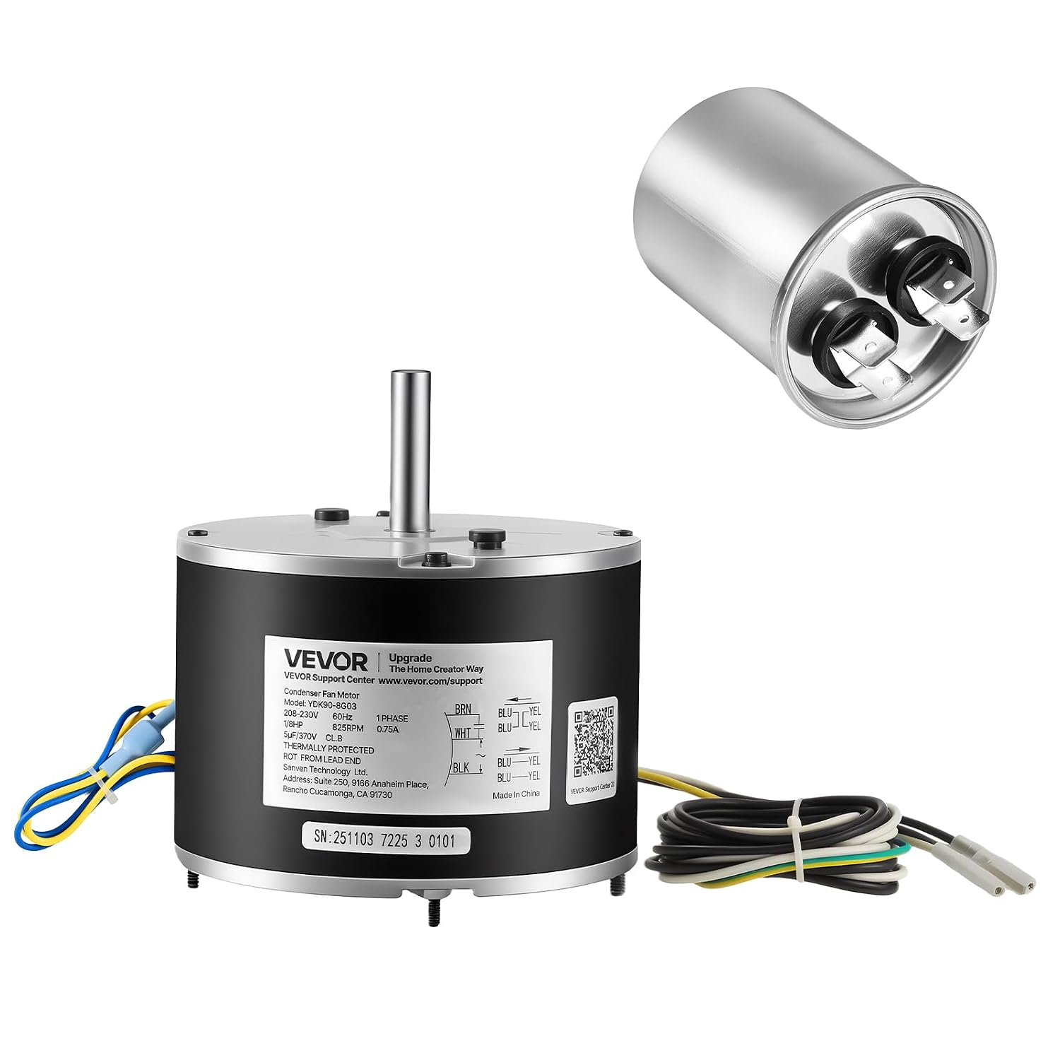 Condenser Fan Motor with Capacitor, 1/8HP 825RPM 208-230V, Replacement for GE Genteq Carrier Bryant Payne