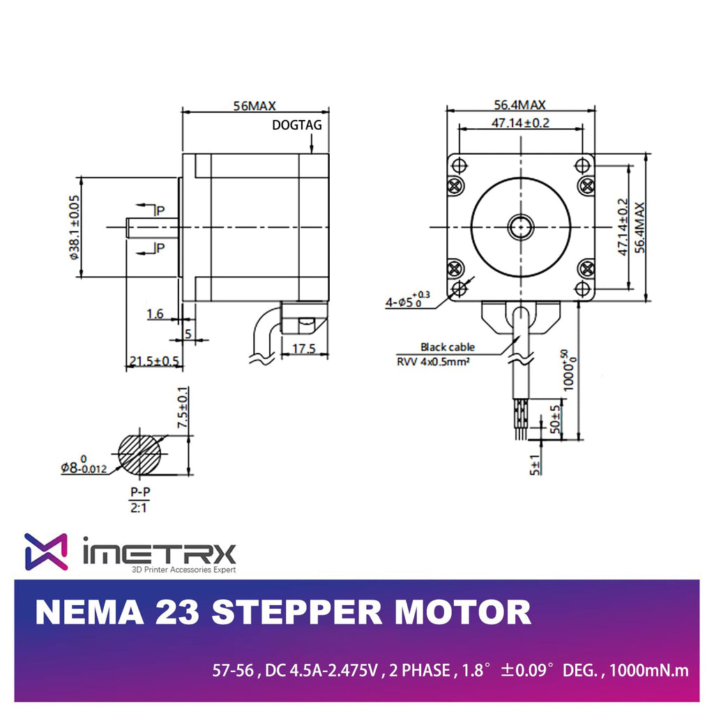 iMetrx Nema 23 1PCS Stepper Motor 56mm 1.26N.m 2.475V 4.0A Holding Torque 2-Phase 4-Wire 1.8 Deg for CNC Mill Kit or 3D Printer