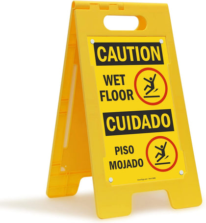 Caution Wet Floor Sign - Bilingual, Cuidadao Piso Mojada, 25 x 12 inch, Standing/Folding Floor Sign, Double-Sided