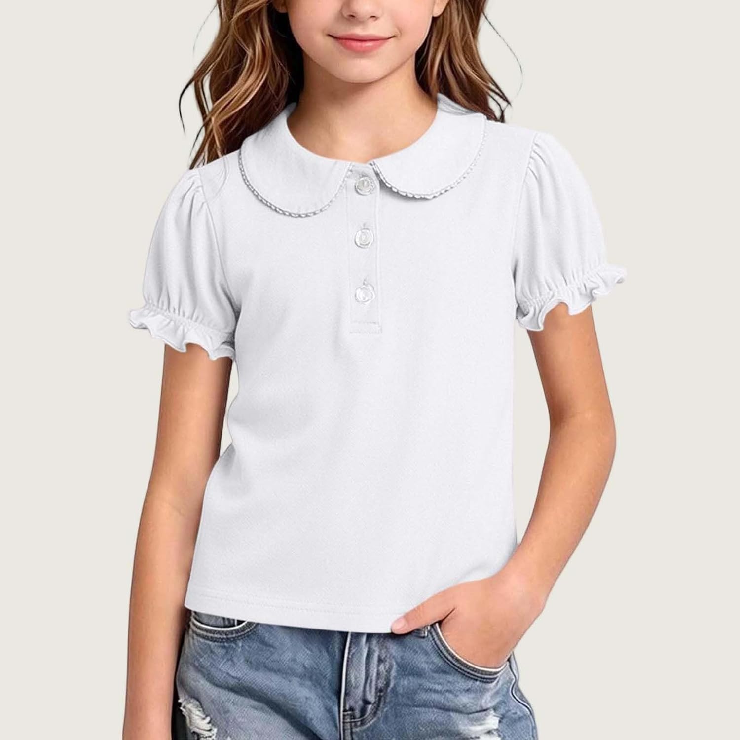 Girls Pure Cotton Polos Puff Sleeve Cute Peter Pan Collar Shirt White | Back to School Clothes for Teen Girls Kids