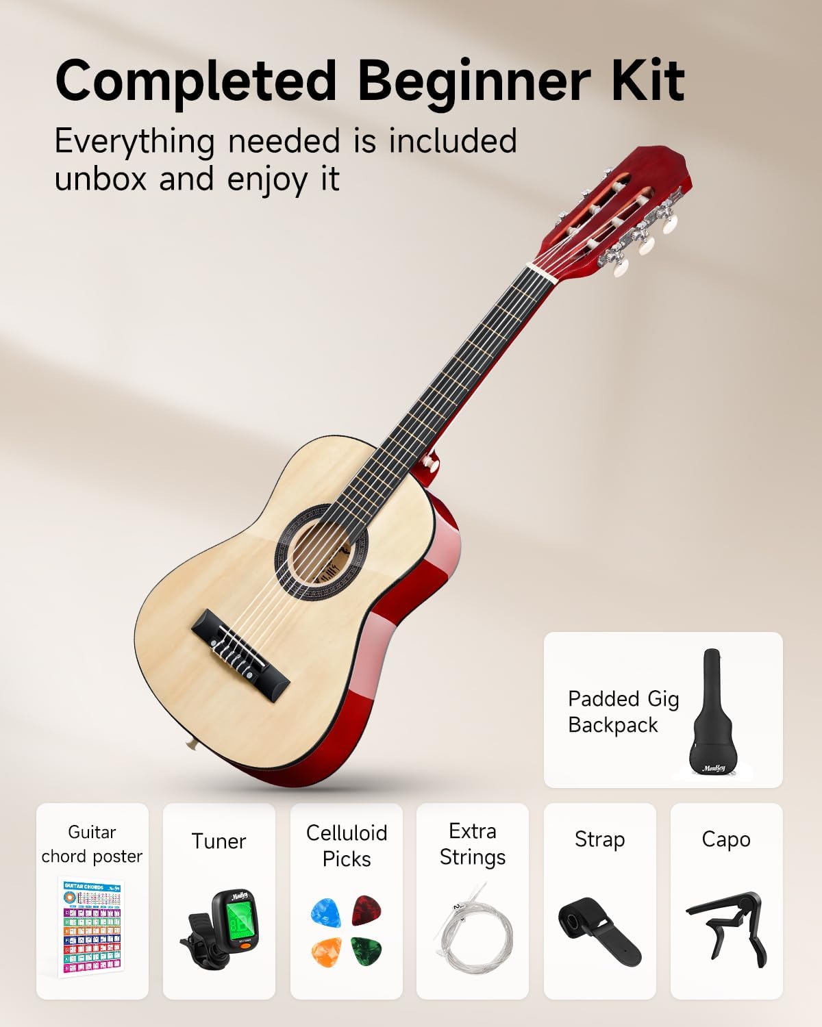 30" Acoustic Guitar for Beginners Kids Youth 1/4 Size Dreadnought Guitarra Acustica Kit with Chord Poster, Gig Bag