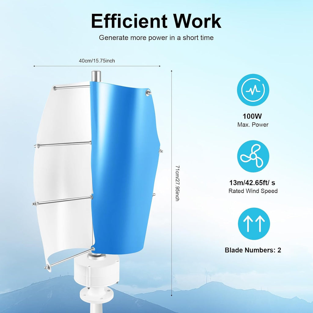 100W Spiral Wind Turbine, 12V Vertical Axis Helical Generator with Controller for Boat Cabin Street Light, Low Start