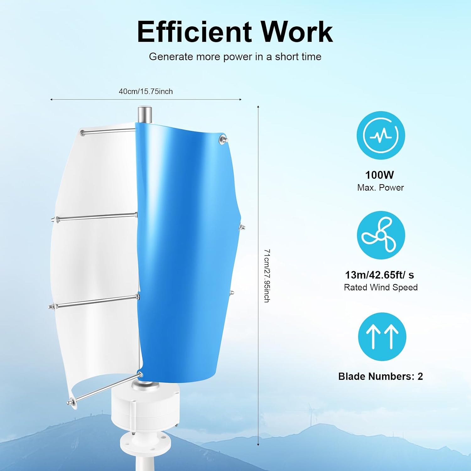 100W Spiral Wind Turbine, 12V Vertical Axis Helical Generator with Controller for Boat Cabin Street Light, Low Start